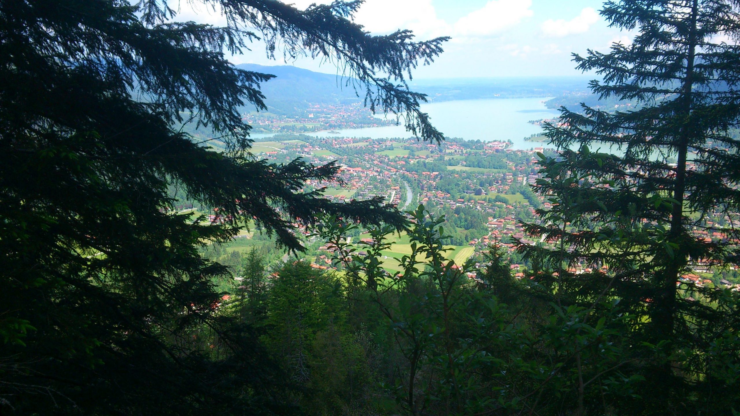 Zwischen dunklen immergrünen Nadelbäumen hindurch aufgenommene Photographie einer tiefer liegenden Ortschaft, deren ferne orange-rote Ziegeldächer und gelegentliche weißen Fasseden von verstreuten Ansammlungen dicht stehender Bäume, Wiesen und einem von links unten kommenden in die Bildmitte mündende und dann nach links oben sich weiter erstreckende baumgesäumte und Straße aufgelockert, ein recht idyllisches Bild geben.Im oberen rechten Bildteil breitet sich ein aus er Ferne grau erscheinender größerer See aus, dessen einer, nach links und über den Bildrand hinaus sich erstreckender, Ausläufer Teile der dortigen Besiedelung voneinander trennt. Überall um den See herum, soweit das Bild erkennen lässt, finden sich weitere Ansiedelungen. Linkerhand strecken sich sich Gebirgshänge dem Horizont entgegen, während rechterhand das Land eher flach und Eben scheint. Der blassblaue Himmel ist leicht bewölkt, sodass eine leicht diffuse Helligkeit das Bild bestimmt. Von links, beinahe bis in die Bildmitte hinein ragende nadelbewehrte Zweige und, nahe des rechten Bildrandes sich abzeichnend, die Silhouette eines etwas entfernter stehenden Nadelbaumes rahmen das Bild in eher dunklen und dadurch intensiver erscheinenden Grüntönen ein und bilden so einen gewissen Kontrast zu dem beinahe schon leicht überbelicht erscheinendem ferneren Hintergrund.