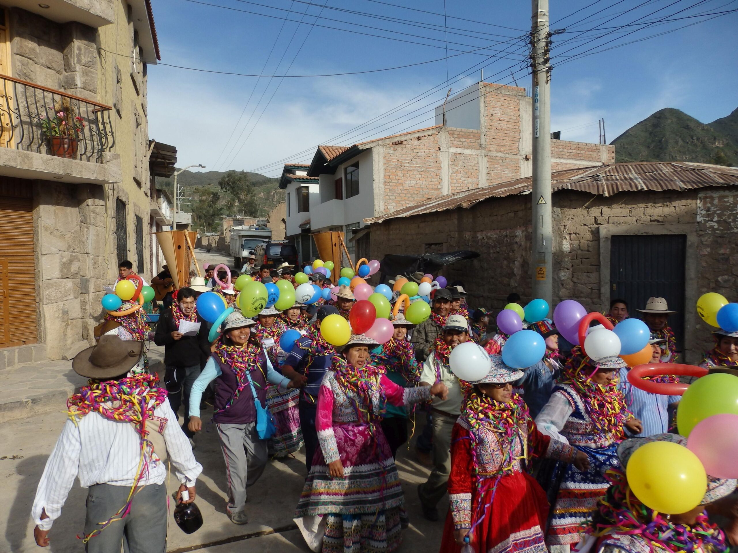 Eine Gruppe bunt und teils in Tracht gekleideter, offenbar fröhlicher Menschen, dekoriert mit Luftballons auf den Hüten und bunten Luftschlangen um die Hälse, zieht durch die enge Gasse eines Dorfes. Die Straße ist gesäumt von rohen, teils unverputzten Häusern, einige mit Wellblechdach, aber auch von sehr hübsch mit Naturstein gemauerten Häusern mit anmutigen Balkonen, und von Strommasten mit chaotisch wirkenden Leitungen. Einige Personen haben Zettel in der Hand, auf die sie blicken, viele haben offene Münder, als ob sie sängen. Die Personen halten sich teilweise an den Händen. Am Ende der Prozession sind Musizierende zu erahnen, man erkennt eine Gitarre und zwei große tragbare Harfen. Im Hintergrund sind grüne Berge zu erkennen.